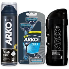 Arko Men Black Köpük 200ml ve Arko Men T3 Tıraş Bıçağı 3'lü ve Black Tıraş kolonyası 200ml