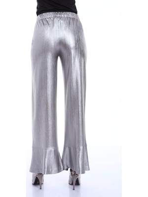 Pantolon Ispanyol Paça Beli Lastikli Metalik Renk - Silver