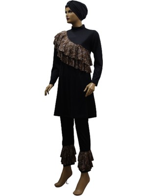 Eflin Kadın Giyim Hasema Siyah-Leopar Desenli Valonlu Tam Kapalı Tesettür Mayo Büyük Beden Seçenekli