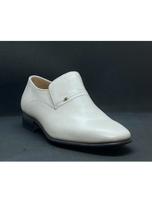 Adnan Shoes Erkek Bej Krem Tokalı Düz Sade  Deri Elyapımı Dikişli Kösele Ayakkabı