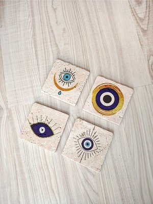 Begoloni Taş Bardak Altlığı 4'lü Set 10X10X1 cm Nazar Boncuğu Desenli