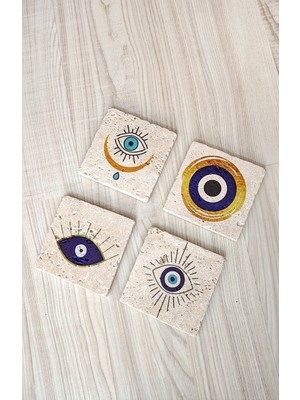 Begoloni Taş Bardak Altlığı 4'lü Set 10X10X1 cm Nazar Boncuğu Desenli