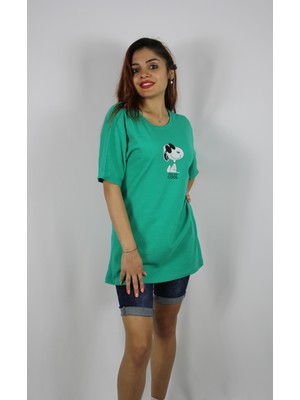 YGMR Raindrops Bisiklet Yaka Snoopy Baskılı Yeşil Bayan T-Shirt