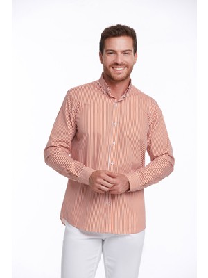Hatemoğlu Erkek Kiremit Comfort Fit %100 Pamuk Uzun Kollu Çizgili Gömlek
