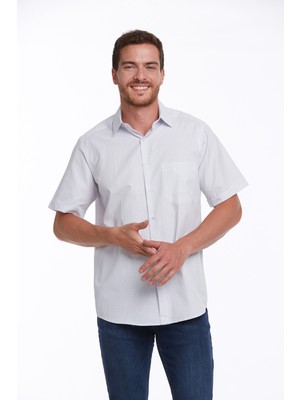 Hatemoğlu Erkek Beyaz Regular Fit Pamuklu Mavi Kareli Kısa Kollu Gömlek