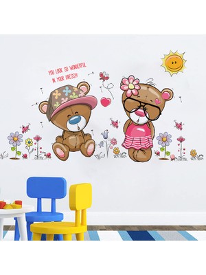 Sevimli Ayıcıklar ve Çiçekler Bebek ve Çocuk Odası Duvar Dekorasyonu Duvar Sticker