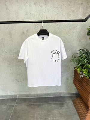 Bikombine Erkek Beyaz Sticker Baskılı Oversize T-Shirt