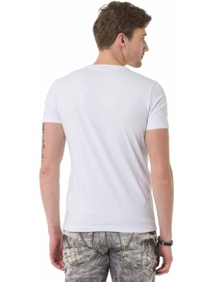 Cipo & Baxx CT670 Taşlı Rozet Logo Beyaz Tişört