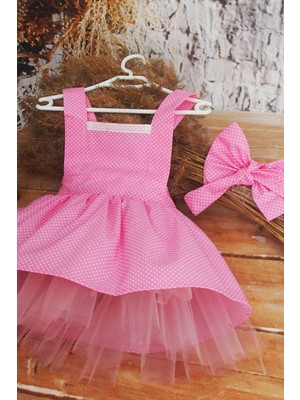 Shecco Babba Pembe Puantiyeli Kız Çocuk Tütü Elbise Bandana Takım 1-8 Yaş