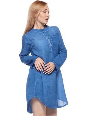 Newbutix Şile Bezi Kot Mavi Uzun Kollu Tunik