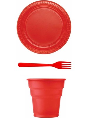 Boncuk Avm Kırmızı Plastik Tabak Çatak Bardak Seti 75 Parça