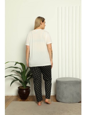 Moda Çizgi Kadın %100 Pamuk Kısa Kol Büyük Beden Pijama Takım 202141