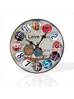 M3 Decorium Renkli Baykuş I Love You Yazan Desenli Sessiz Saniye Bombe Camlı Ev Ofis Okul Duvar Saati Büyük 35 cm