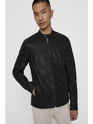Only & Sons 22012339 Omuzları Dıkıslı Hakım Yaka 2 Cep Onden Fermuarlı Derı Mont Siyah-Xxl