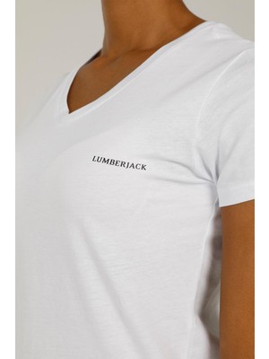 Lumberjack CT126 V Yaka Göğüs Yazılı Basic Tshirt Beyaz-S