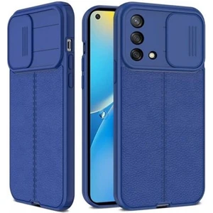 Oppo A74 4g Kılıf Kamera Sürgülü Deri Dokulu Mat Silikon+Nano Glass Koruyucu Lacivert