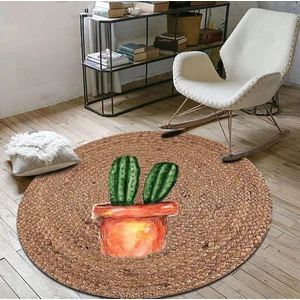 Bonny Home Kaktüs Desen Jüt Yuvarlak Hasır Halı Yolluk Salon Oda Mutfak Halısı KS-1009