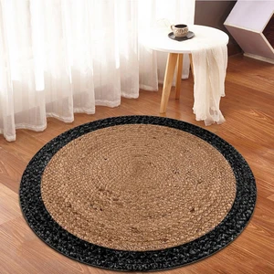Bonny Home Siyah & Bej Jüt Yuvarlak Hasır Halı Yolluk Salon Oda Mutfak Halısı KS-1049