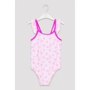 Kız Çocuk Mor Şerit Ve Fırfır Detaylı Kelebek Desenli Mayo