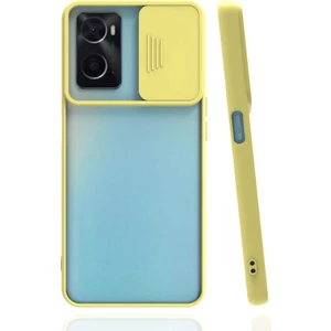 Caseart Oppo A96 Kapak Lensi Açılır Kapanır Kamera Korumalı Silikon Kılıf - Sarı