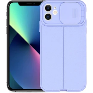 Apple iPhone 12 Kılıf Kamera Sürgülü Deri Dokulu Mat Silikon Mor