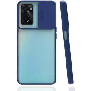Oppo A96 Kapak Lensi Açılır Kapanır Kamera Korumalı Silikon Kılıf - Lacivert
