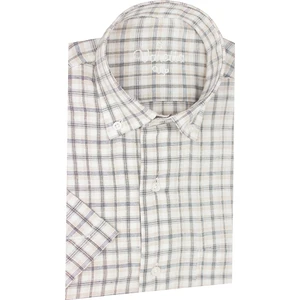 Erkek Beyaz-Taba Klasik Kesim Düğmeli Yaka Kareli Kısa Kollu Gömlek