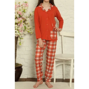 Kiremit Kız Çocuk Uzun Kollu Düğmeli Ekoseli Pijama Takımı Pamuk Likrali Anneli