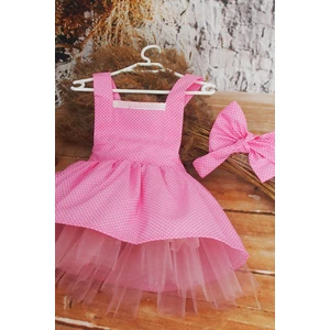 Shecco Babba Pembe Puantiyeli Kız Çocuk Tütü Elbise Bandana Takım 1-8 Yaş