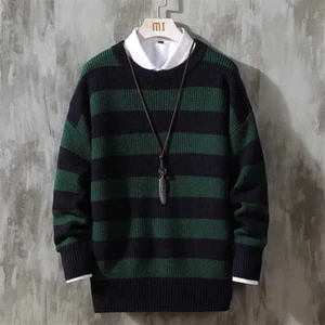 Touz Moda Yeşil Siyah Çizgili Streetwear Oversize Kazak-Standart-Yeşil-Siyah