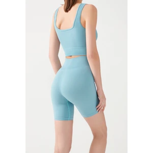 Los Ojos Kadın Mavi Yüksek Bel Fitilli Toparlayıcı Kısa Spor Tayt Ribbed Biker