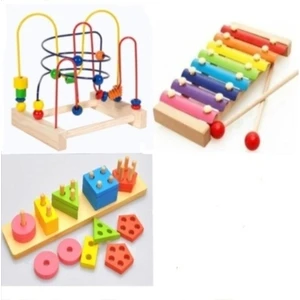 Koordinasyon+Ksilofon+5'li Geometrik Ahşap Eğitici Oyuncak 3'lü Set