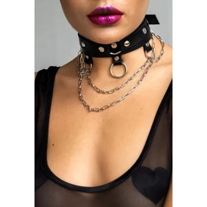 Sweet Demon Kadın Zincir ve Halka Detaylı Şık Deri Choker Tasma Boyunluk Aksesuarı Siyah