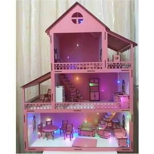 Ahşap Oyun Evi LED Işıklı +34 Parça Mobilya