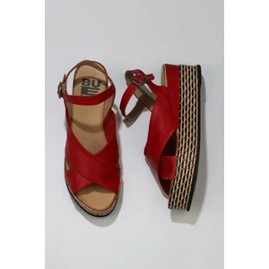 Bueno Shoes Kırmızı Deri Kadın Dolgu Topuklu Sandalet