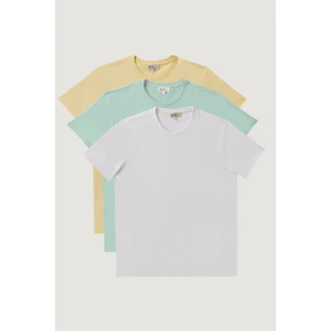 AC&Co / Altınyıldız Classics Erkek Mınt-sarı-beyaz Slim Fit Dar Kesim Bisiklet Yaka 3'lü %100 Pamuk Tişört Paketi
