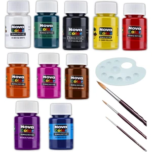 Nova Color Kumaş Boyası 10 Renk 30 ml Resim Paleti ve 3 Adet Fırça Tişört Çanta Tekstil Boyası 30 ml 1 Paket