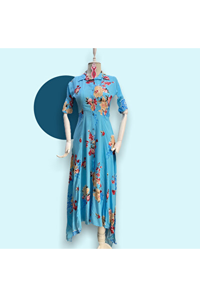 Lrf Düğmeli Çiçekli Uzun Elbise Xl - Mavi