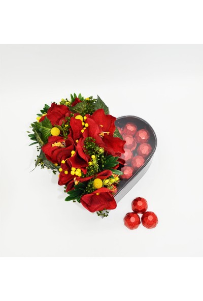 Afloday Kalp Formlu Kırmızı Kumaş Çiçekli, Craspedialı Aşk Pleksi Tasarım Kutu Çikolata