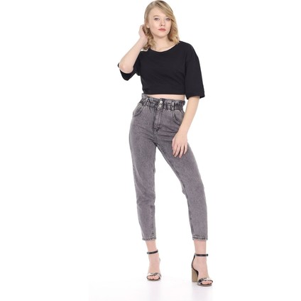 Fume Yıkamalı Lastikli Mom Jeans Pantolon