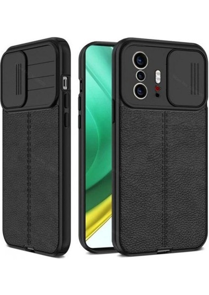 Xiaomi Mi 11T Kılıf Kamera Sürgülü Deri Dokulu Mat Silikon+Nano Glass Koruyucu Siyah