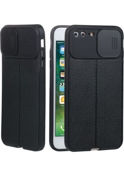 Casestreet Apple iPhone 7 Plus Kılıf Kamera Sürgülü Deri Dokulu Mat Silikon+Nano Glass Koruyucu Siyah