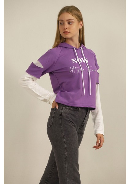 Mor Kapşonlu Desenli Sweat