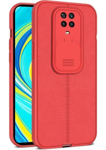 Xiaomi Redmi Note 9s Kılıf Kamera Sürgülü Deri Dokulu Mat Silikon Kırmızı