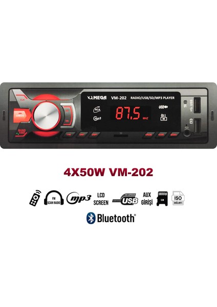 Oto Teyp 4 x 50 W Bt/2x usb/sd/fm/aux VM-202 fiyatları