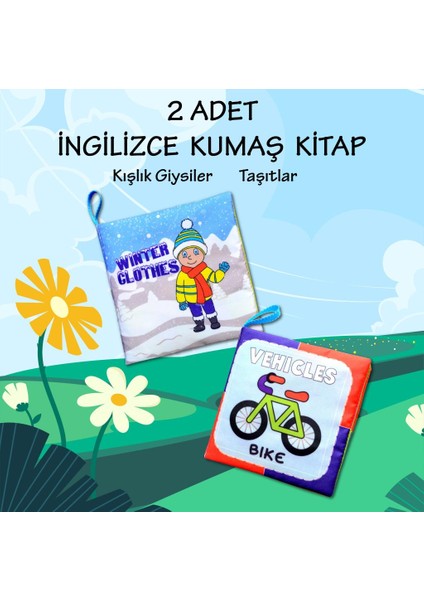 2 Kitap Tox Ingilizce Kışlık Giysiler ve Taşıtlar Kumaş Sessiz Kitap E132 E124 - Bez Kitap , Eğitici Oyuncak , Yumuşak ve Hışırtılı