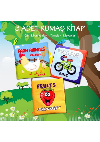 3 Kitap Tox Ingilizce Çiftlik Hayvanları, Taşıtlar ve Meyveler Kumaş Sessiz Kitap E119 E132 E126 - Bez Kitap , Eğitici Oyuncak , Yumuşak ve Hışırtılı fiyatları