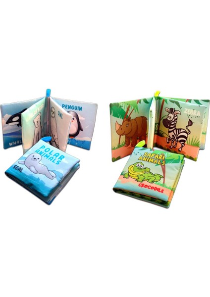 2 Kitap Tox Ingilizce Kutup Hayvanları ve Safari Hayvanları Kumaş Sessiz Kitap E125 E130 - Bez Kitap , Eğitici Oyuncak , Yumuşak ve Hışırtılı