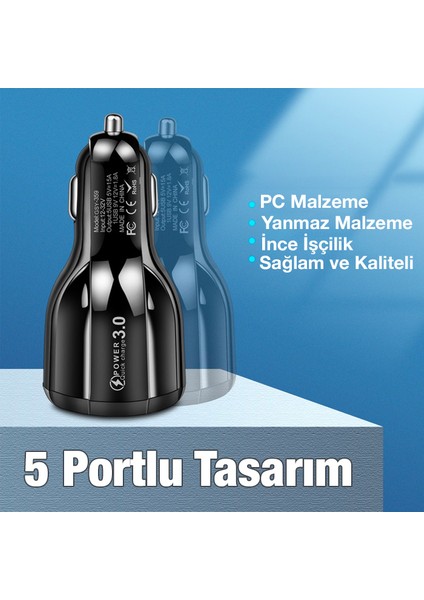 Uslıon 5 Portlu Qc3.0 Çoklu USB Araç Çakmaklık Hızlı Şarj Aleti Araç Şarjı ALL-35191