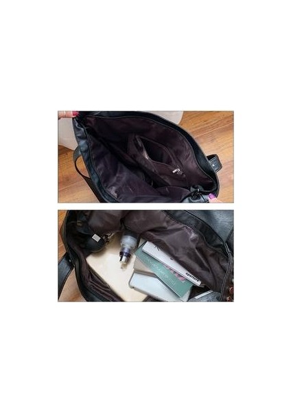 Moda Perçin Büyük Kapasiteli Kadın Omuz Yumuşak Rahat Siyah Kadın Alışveriş Lady Hobo Tote Seyahat Siyah Çanta (Yurt Dışından)